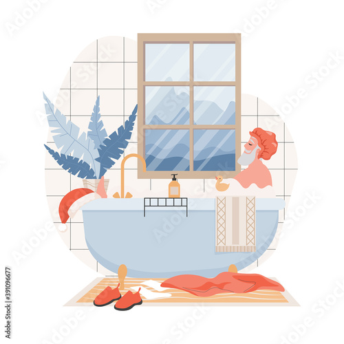 Calm and relaxing Santa Claus in shower cap taking a bath in bathroom vector flat illustration. Santa Claus taking a rest. Funny Christmas and New Year element for card design.