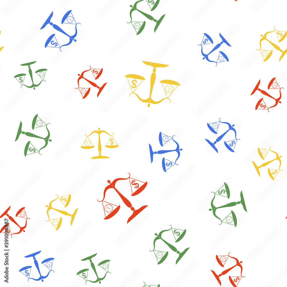 Color Scale weighing money and time icon isolated seamless pattern on white background. Scales with hours and a coin. Balance between work and the given time. Vector. Color Scale weighing money and time icon isolated seamless pattern on white background. Scales with hours and a coin. Balance between work and the given time. Vector.