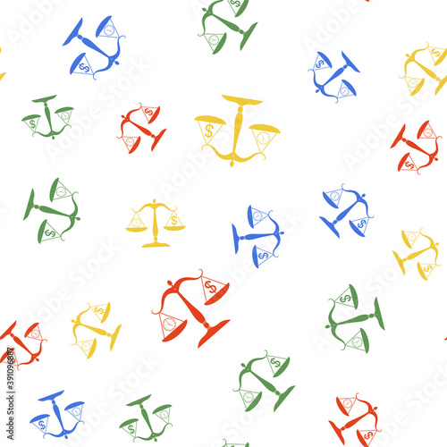 Color Scale weighing money and time icon isolated seamless pattern on white background. Scales with hours and a coin. Balance between work and the given time. Vector.