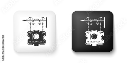 Black and white Vintage signboard outdoor advertising with text Restaurant and cutlery, dish, fork, knife icon isolated on white background. Restaurant sign. Square button. Vector.