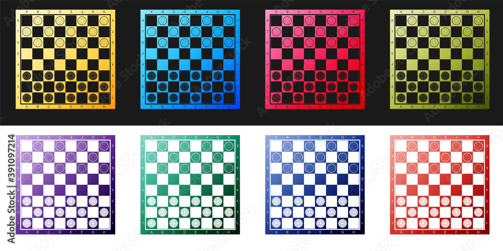 Set Board game of checkers icon isolated on black and white background. Ancient Intellectual board game. Chess board. White and black chips. Vector. Set Board game of checkers icon isolated on black and white background. Ancient Intellectual board game. Chess board. White and black chips. Vector.