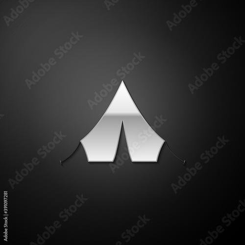Silver Tourist tent icon isolated on black background. Long shadow style. Vector.