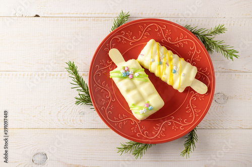 Mousse cake on red plate with fir branches. Top view