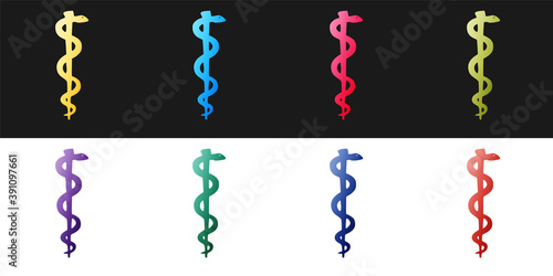 Set Rod of asclepius snake coiled up silhouette icon isolated on black and white background. Emblem for drugstore or medicine, pharmacy snake symbol. Vector.