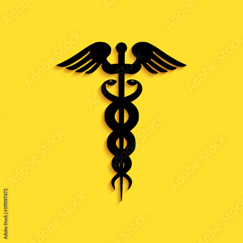Black Caduceus medical symbol icon isolated on yellow background. Medicine and health care concept. Emblem for drugstore or medicine, pharmacy snake. Long shadow style. Vector.