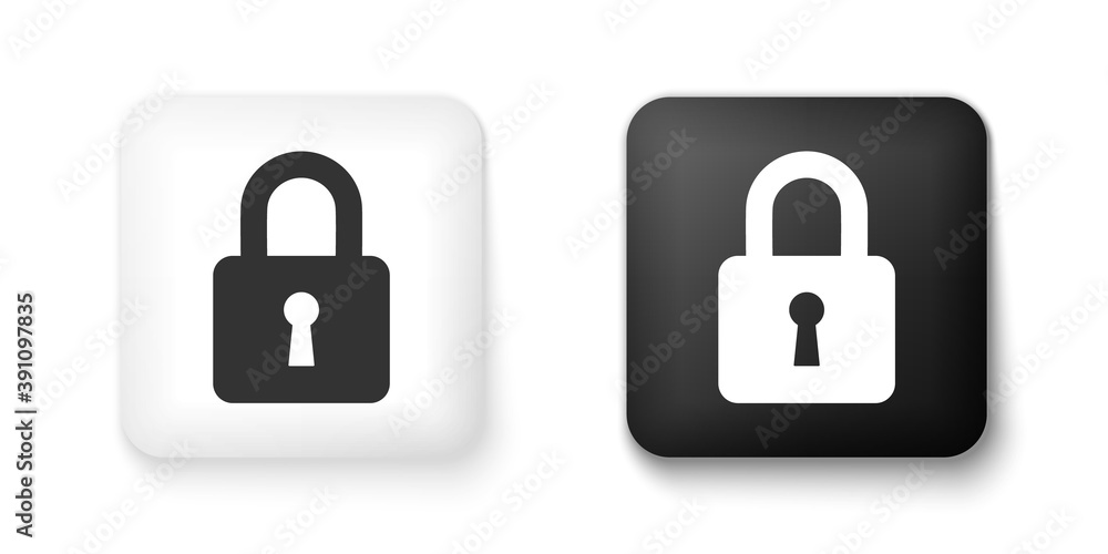 Black and white Lock icon isolated on white background. Padlock sign. Security, safety, protection, privacy concept. Square button. Vector. Black and white Lock icon isolated on white background. Padlock sign. Security, safety, protection, privacy concept. Square button. Vector.