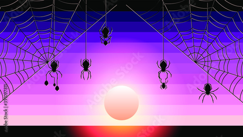 Spider Web On Dark Background With Moon Halloween Design Elements Spooky Scary Horror Decor Vector