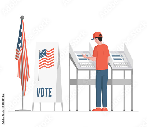 Man standing near voting stands, fill casting ballots, voting, and choosing candidates vector flat illustration. Democracy elections, election day in the United States of America concept.