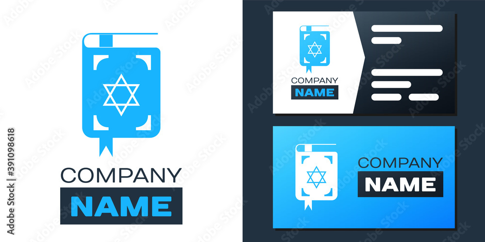 Logotype Jewish torah book icon isolated on white background. Book of the Pentateuch of Moses. On the cover of the Bible is the image of the Star of David. Logo design template element. Vector.