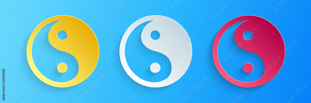 Paper cut Yin Yang symbol of harmony and balance icon isolated on blue background. Paper art style. Vector. Paper cut Yin Yang symbol of harmony and balance icon isolated on blue background. Paper art style. Vector.