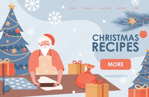 Christmas recipes landing page design with text space. Cute smiling Santa Claus character cooking Christmas dishes vector flat illustration. Happy New Year and Merry Christmas web page template.
