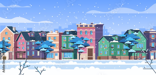 Winter city town snowfall concept. Vector flat cartoon graphic design illustration