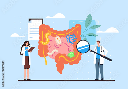 Intestines diagnosis research infection medicine concept. Vector flat cartoon graphic design illustration