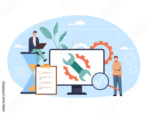 Computer repair diagnostic recovery concept. Vector flat cartoon graphic design illustration