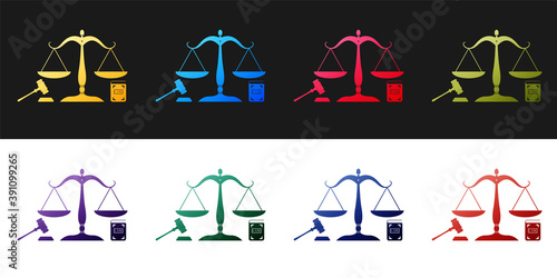 Set Scales of justice, gavel and book icon isolated on black and white background. Symbol of law and justice. Concept law. Legal law and auction symbol. Vector.