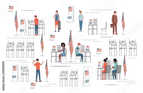 Happy smiling people voting on elections in the USA vector flat illustration. Voting stands, United States of America flags. People choosing candidates on paper ballots. Democracy elections concept.