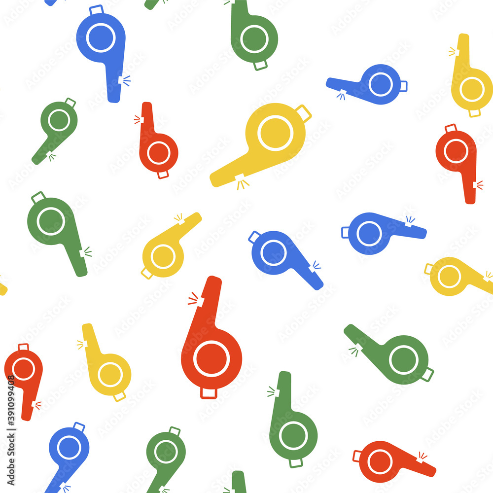 Color Whistle icon isolated seamless pattern on white background. Referee symbol. Fitness and sport sign. Vector. Color Whistle icon isolated seamless pattern on white background. Referee symbol. Fitness and sport sign. Vector.