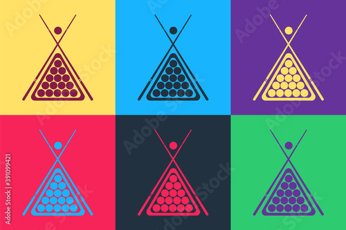 Pop art Billiard cue and balls in a rack triangle icon isolated on color background. Vector.