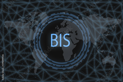 Bank for International Settlements BIS inscription on a dark background and a world map. photo