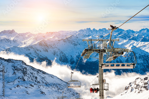 Ski resort in winter Alps. Val Thorens, 3 Valleys, France. Beautiful mountains and the blue sky, winter landscape photo
