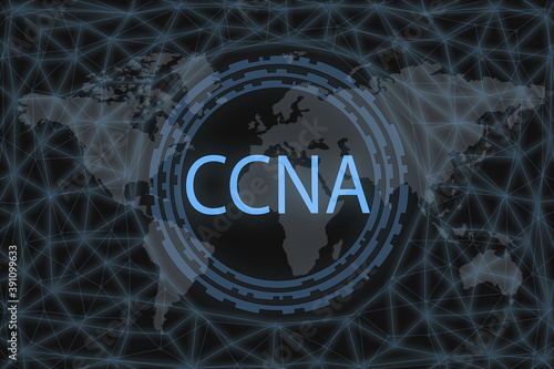 CCNA (Certified Network) Associate inscription on a dark background and a world map. photo