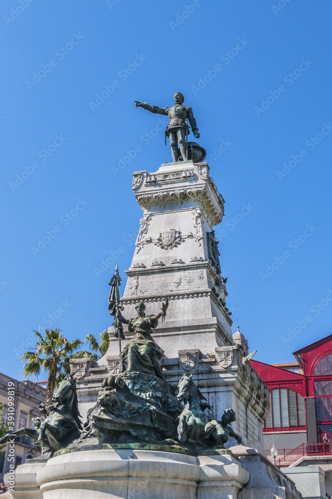 Detail of the monument to Prince Henry the Navigator (1900) in Infante Dom Henrique Square. Porto, Portugal.