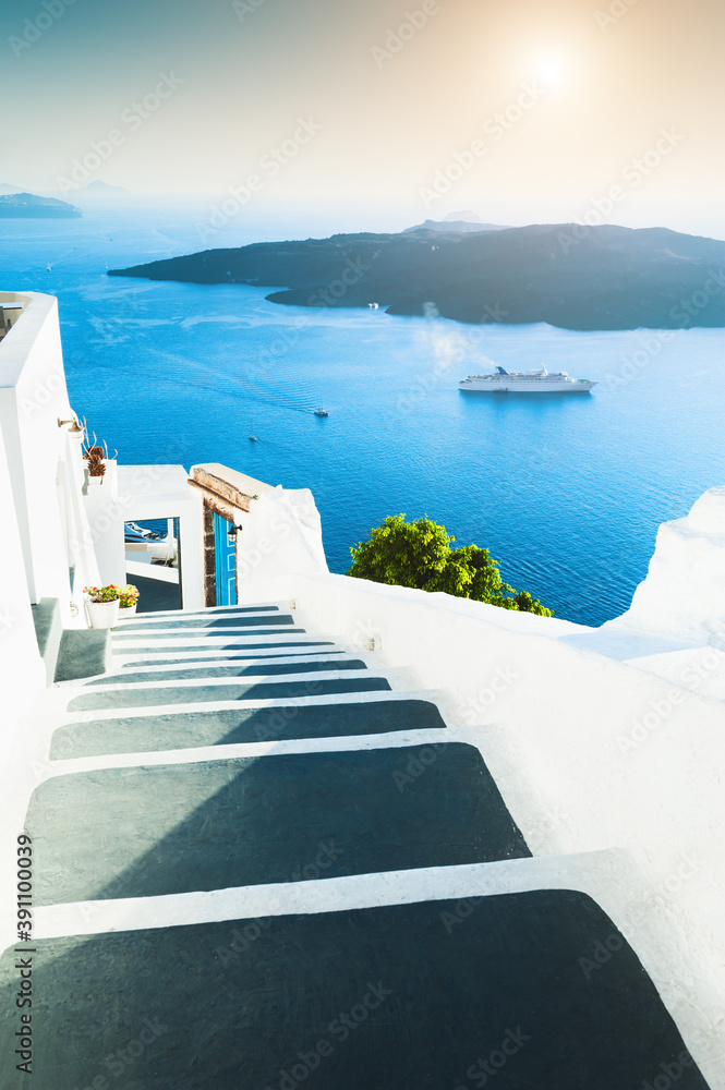 Fototapeta White architecture on Santorini island, Greece. Stairs to the sea. Travel destinations concept