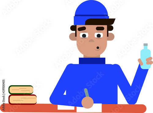 stressed young man writing and sitting in front of table with books