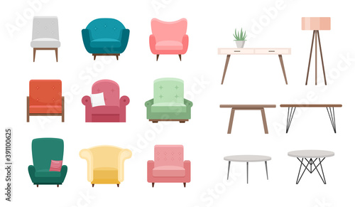 Chairs and tables vector illustration set. Cartoon flat design of furniture, modern cozy armchair in different color, furnished living room interior for home apartment or office isolated on white.