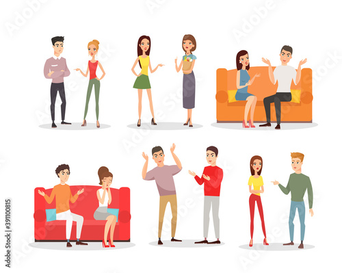 Vector illustration of angry people, screaming couples. Conflict and stress, sad characters in cartoon flat style. Angry people set on white background.