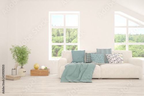 White living room with sofa and summer landscape in window. Scandinavian interior design. 3D illustration