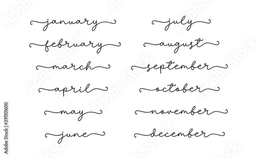 Month, calendar set of continuous line cursive text. Lettering script vector illustration for year calendar, poster, card, banner, invitations. Hand drawn month names.