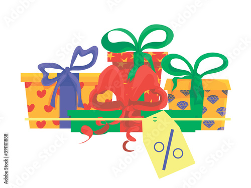 icon sale label with percent sign nearby with gift boxs. Gift card, loyalty program to win gifts, more discounts, benefits concept. Vector. Shopping with gift and tag icon. Black Friday 
