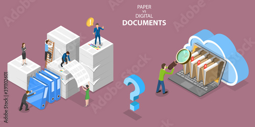 3D Isometric Flat Vector Conceptual Illustration of Paper VS Digital Documents, Pros and Cons.