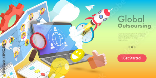 3D Vector Conceptual Illustration of Global Outsourcing, Company Remote Management, Distributed Team, Freelance Job.