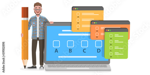 3D Isometric Flat Vector Conceptual Illustration of Online Exam, Questionnaire Form, Internet Quiz or Survey, Distant Education.