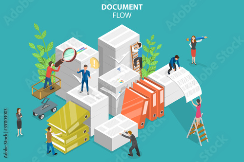 3D Isometric Flat Vector Conceptual Illustration of Document Flow, Working with Paper Documents at Office.