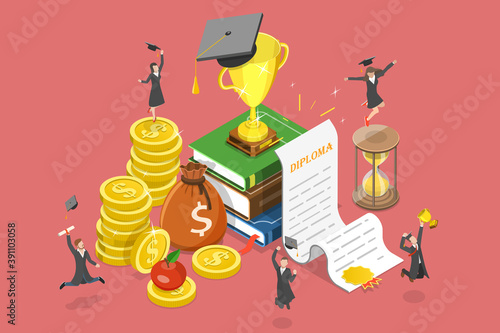 3D Isometric Flat Vector Conceptual Illustration of Money Savings for Study, Investment in Education, Scholarship.