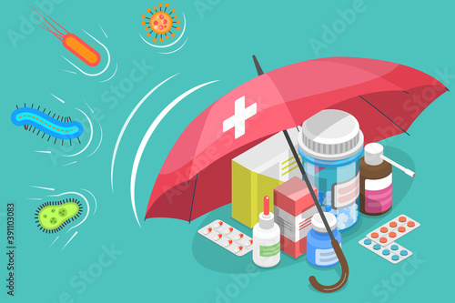 3D Isometric Flat Vector Conceptual Illustration of Antibiotic Protection.