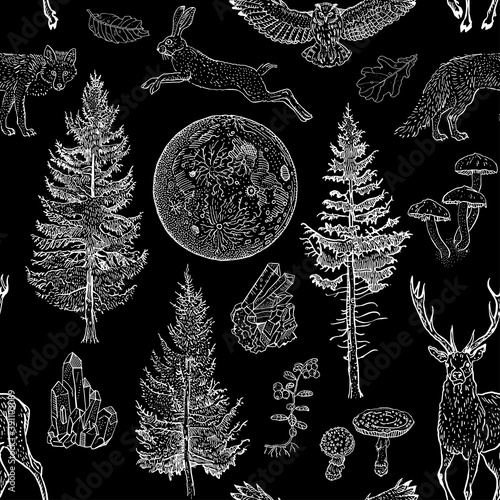Full moon magic seamless pattern. Spruce, fir tree, mushroom, fox, hare, deer, leaves, crystals. Hand drawn vintage tattoo engraving style illustration white on black.