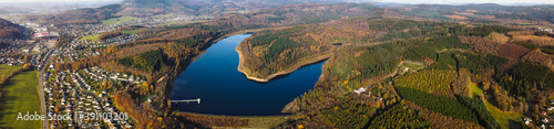 Breitenbach Dam aerial panorama view in spring time - Siegerland area, Germany.