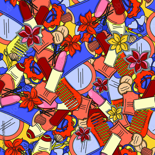 seamless vector abstract pattern with cosmetics, tubes, lipstick, mirror, hairpins and flowers