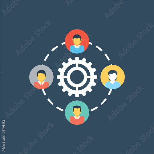 
Flat design icon of business group with gear and connection, concept of teamwork, support, collaborative unity 
