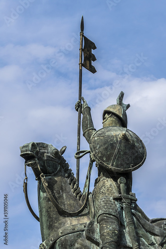 Equestrian statue of Vimara Peres next to Porto Cathedral (Se do Porto). Vimara Peres was a IX century nobleman from Kingdom of Asturias and first ruler of the County of Portugal. Porto, Portugal. photo