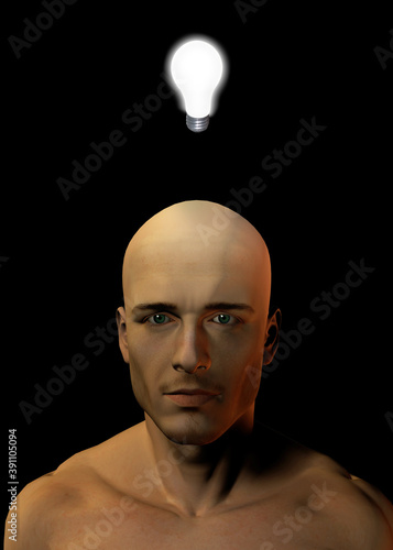 A lit bulb floats over a bald man and synbolizes idea. 3D rendering photo