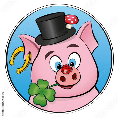 New Years Eve lucky symbols. Lucky pig with clover, ladybug, horseshoe, toadstool and cylinder in round frame. Isolated vector illustration on white background.
