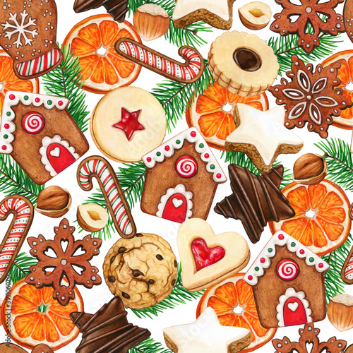 Watercolor high quality christmas cookies, orange slices and pine branches