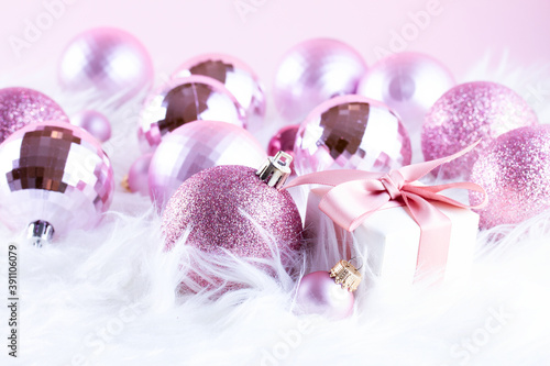 Christmas decorations on pink