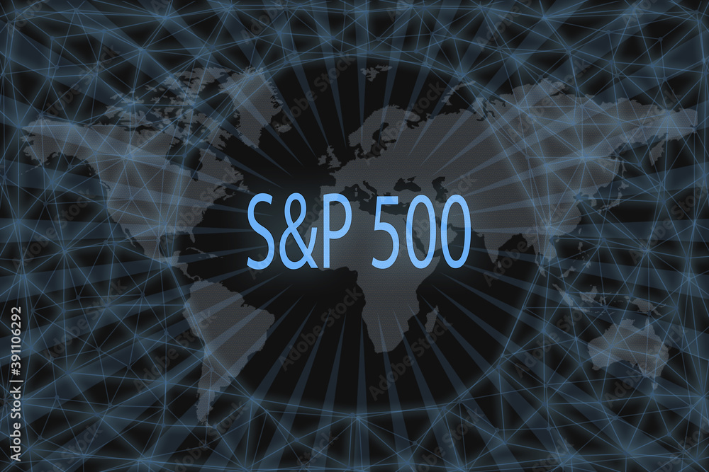 S&P 500 Global stock market index. With a dark background and a world map. Graphic concept for