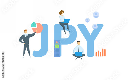 JPY, Japanese Yen. Concept with keyword, people and icons. Flat vector illustration. Isolated on white background.